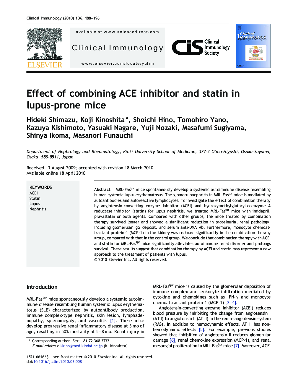 Effect of combining ACE inhibitor and statin in lupus-prone mice