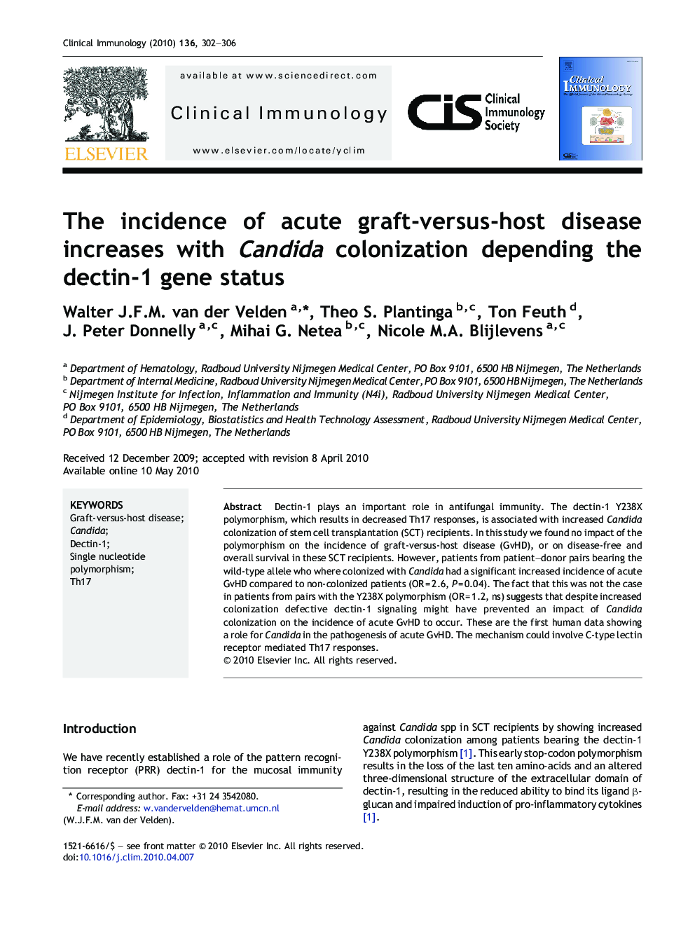 The incidence of acute graft-versus-host disease increases with Candida colonization depending the dectin-1 gene status