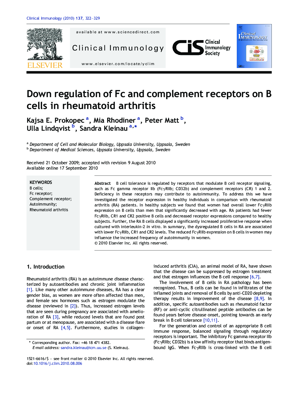 Down regulation of Fc and complement receptors on B cells in rheumatoid arthritis