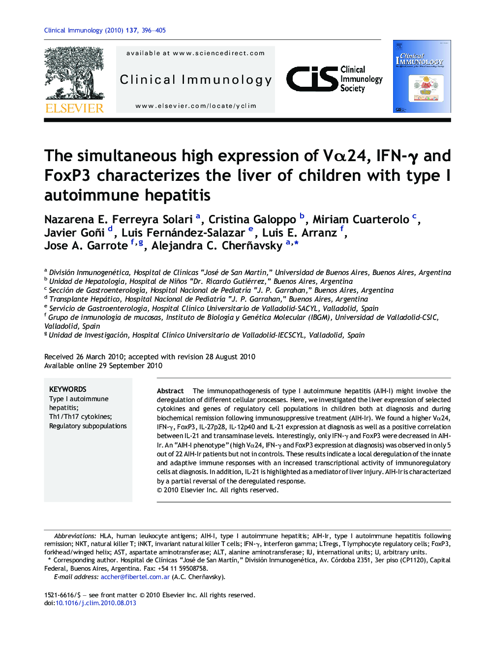 The simultaneous high expression of Vα24, IFN-γ and FoxP3 characterizes the liver of children with type I autoimmune hepatitis