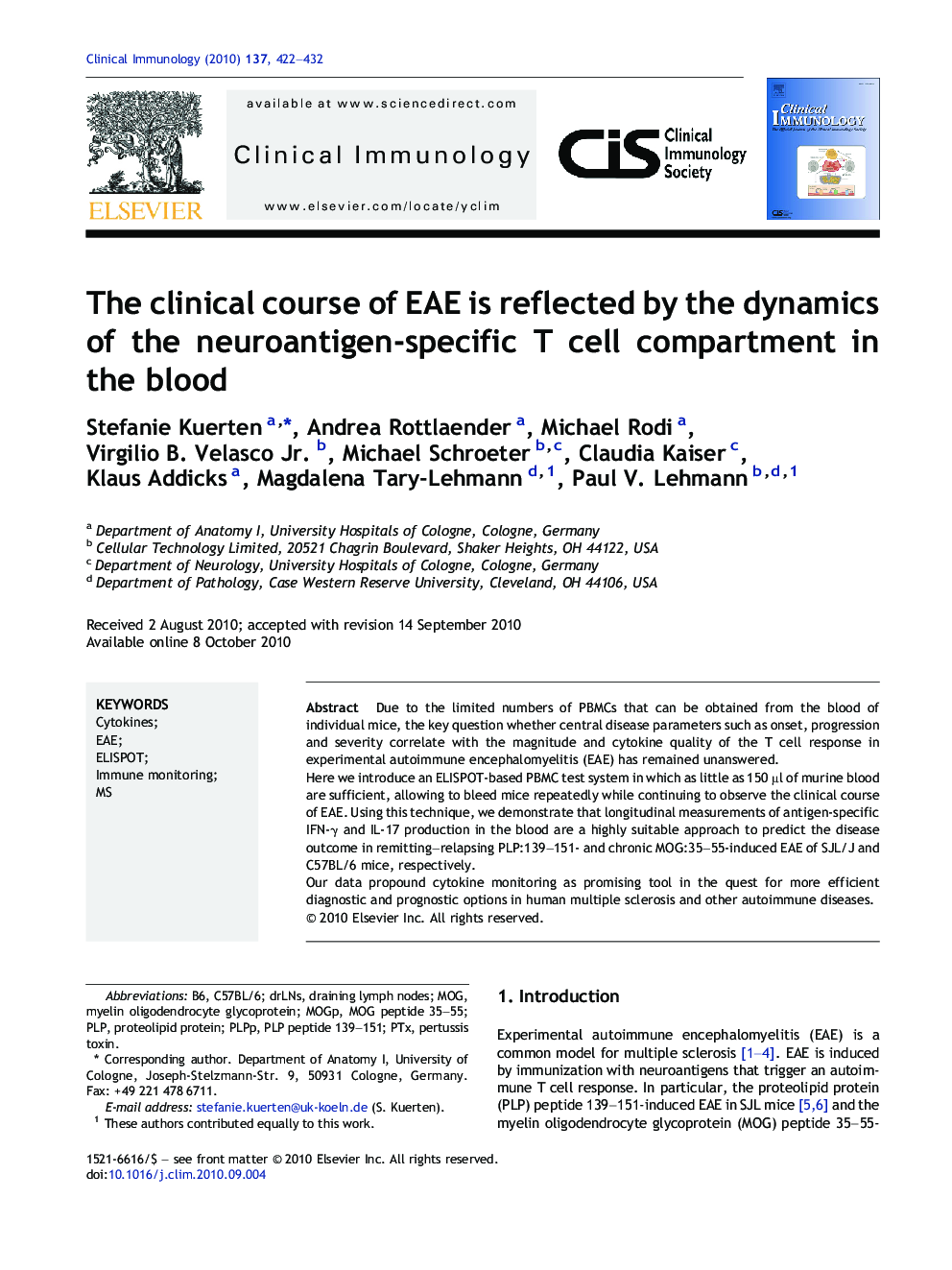 The clinical course of EAE is reflected by the dynamics of the neuroantigen-specific T cell compartment in the blood