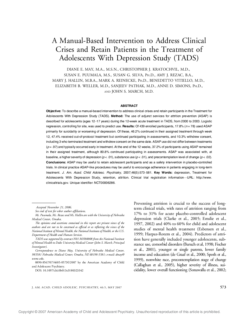 A Manual-Based Intervention to Address Clinical Crises and Retain Patients in the Treatment of Adolescents With Depression Study (TADS) 