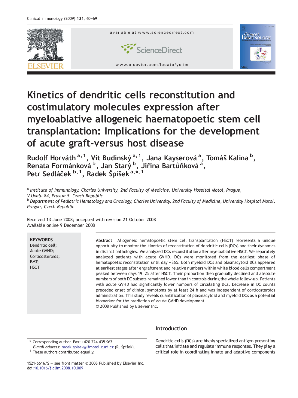 Kinetics of dendritic cells reconstitution and costimulatory molecules expression after myeloablative allogeneic haematopoetic stem cell transplantation: Implications for the development of acute graft-versus host disease