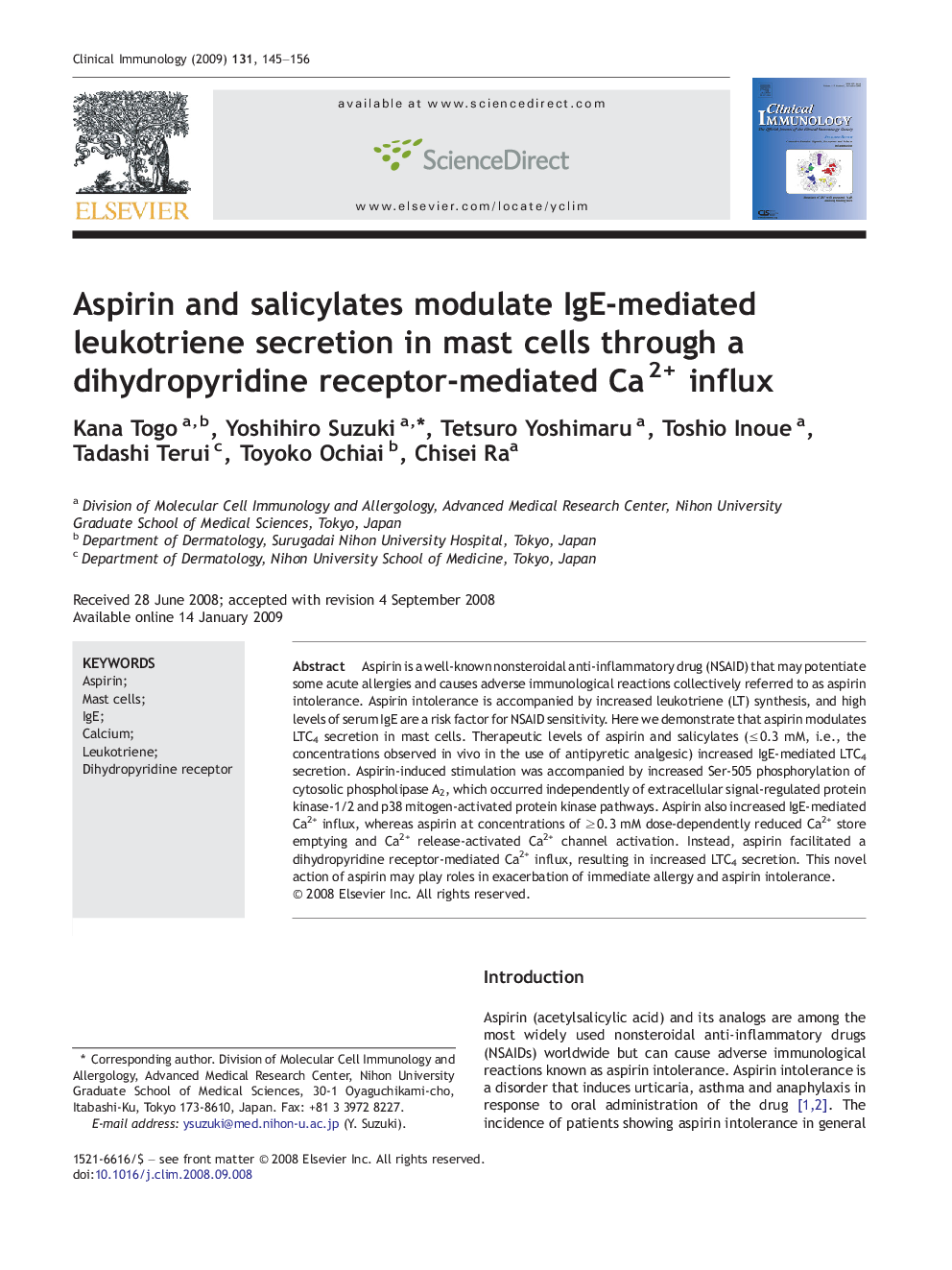 Aspirin and salicylates modulate IgE-mediated leukotriene secretion in mast cells through a dihydropyridine receptor-mediated Ca2+ influx