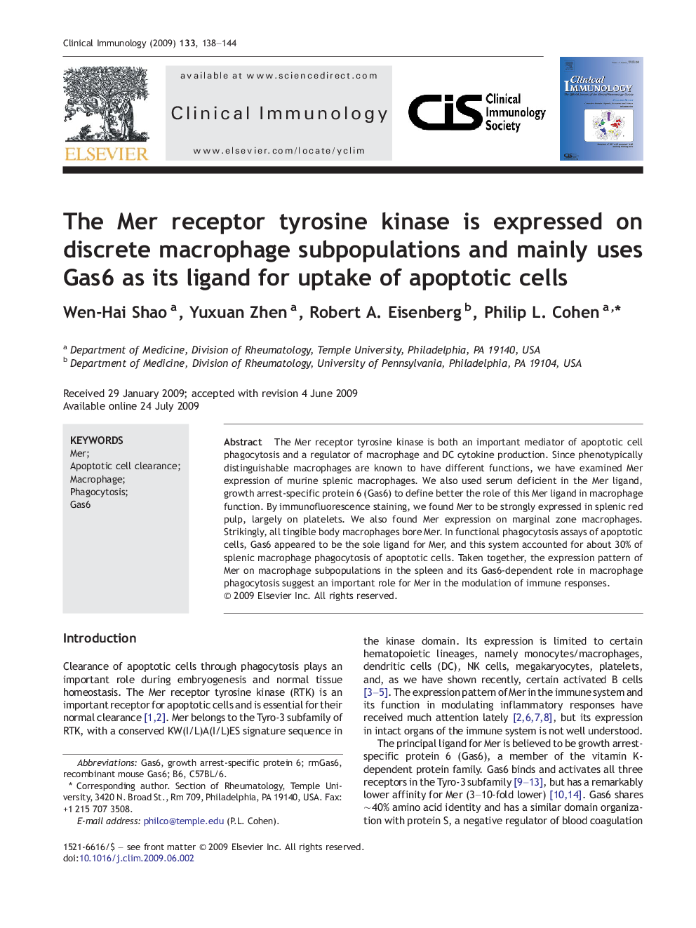 The Mer receptor tyrosine kinase is expressed on discrete macrophage subpopulations and mainly uses Gas6 as its ligand for uptake of apoptotic cells