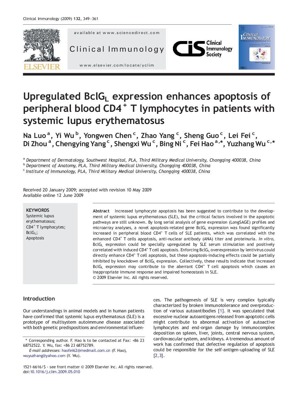 Upregulated BclGL expression enhances apoptosis of peripheral blood CD4+ T lymphocytes in patients with systemic lupus erythematosus