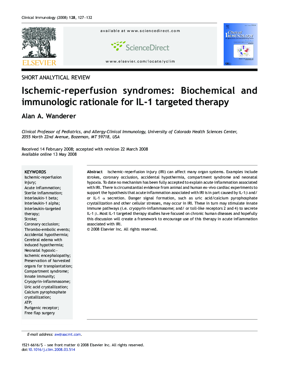 Ischemic-reperfusion syndromes: Biochemical and immunologic rationale for IL-1 targeted therapy