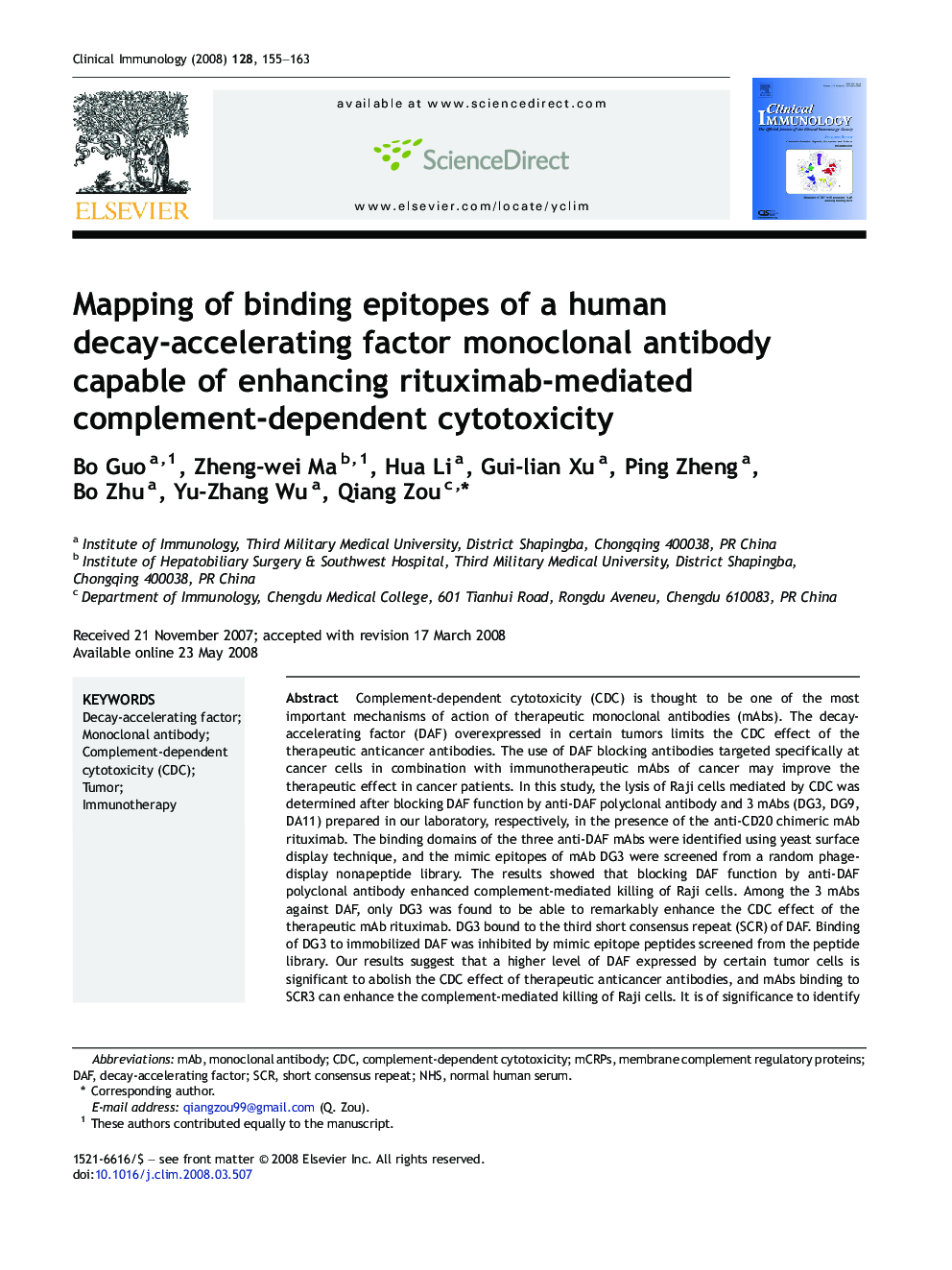 Mapping of binding epitopes of a human decay-accelerating factor monoclonal antibody capable of enhancing rituximab-mediated complement-dependent cytotoxicity