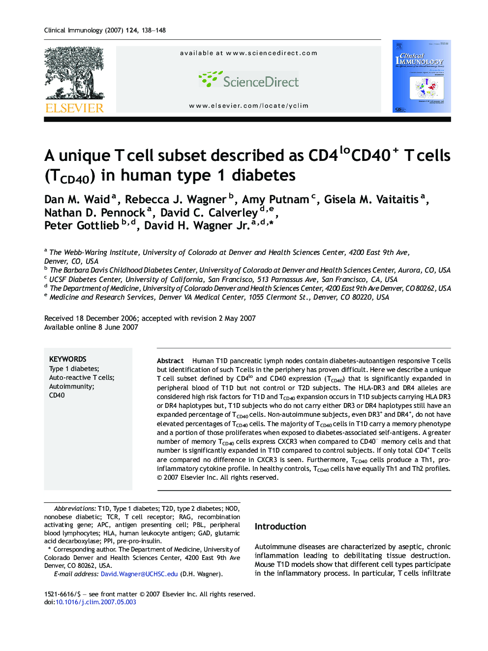 A unique T cell subset described as CD4loCD40+ T cells (TCD40) in human type 1 diabetes