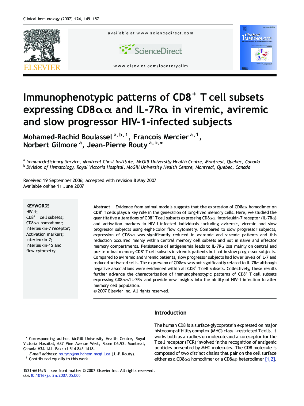 Immunophenotypic patterns of CD8+ T cell subsets expressing CD8αα and IL-7Rα in viremic, aviremic and slow progressor HIV-1-infected subjects