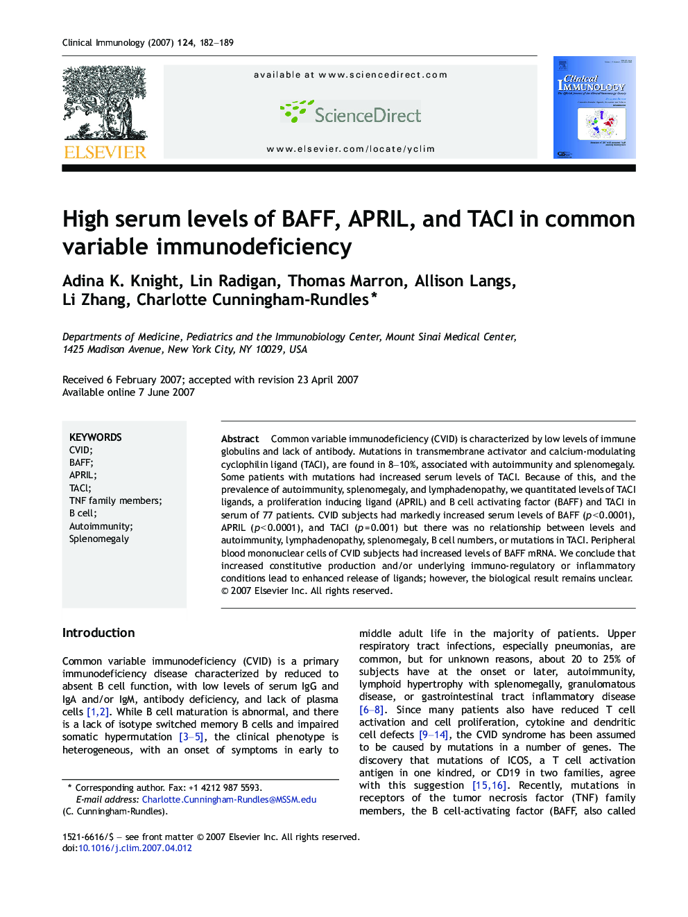 High serum levels of BAFF, APRIL, and TACI in common variable immunodeficiency