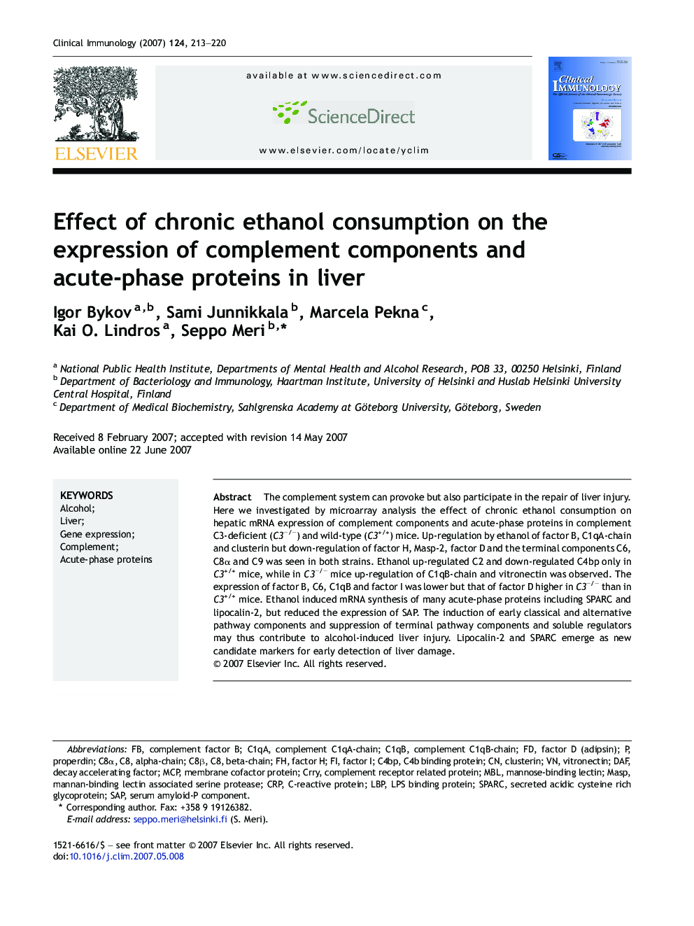 Effect of chronic ethanol consumption on the expression of complement components and acute-phase proteins in liver