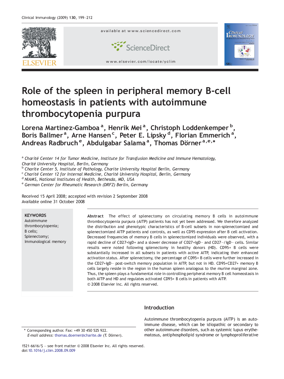 Role of the spleen in peripheral memory B-cell homeostasis in patients with autoimmune thrombocytopenia purpura