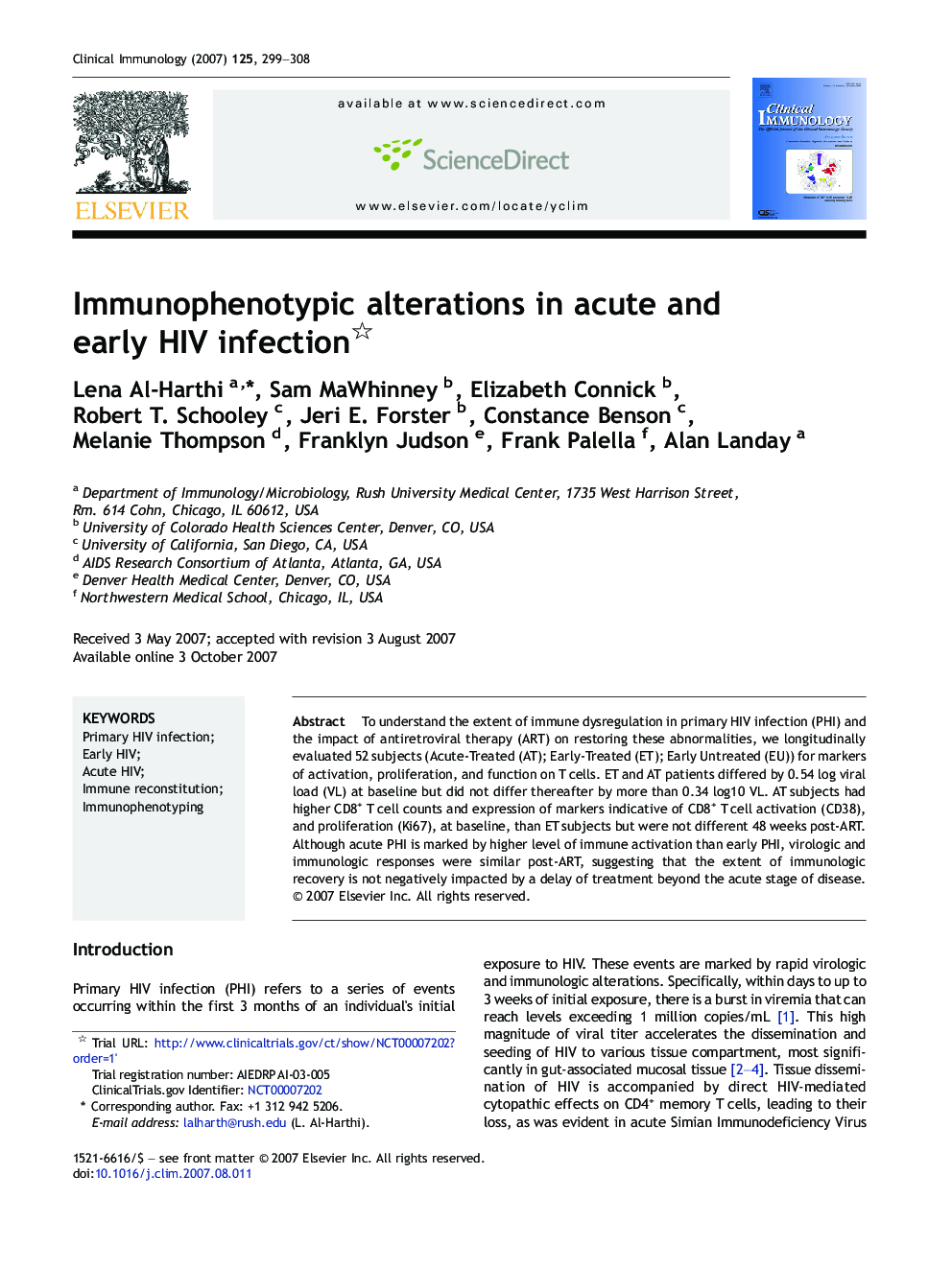 Immunophenotypic alterations in acute and early HIV infection 