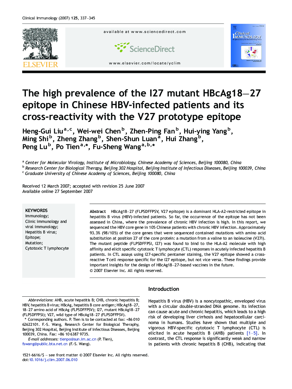 The high prevalence of the I27 mutant HBcAg18–27 epitope in Chinese HBV-infected patients and its cross-reactivity with the V27 prototype epitope