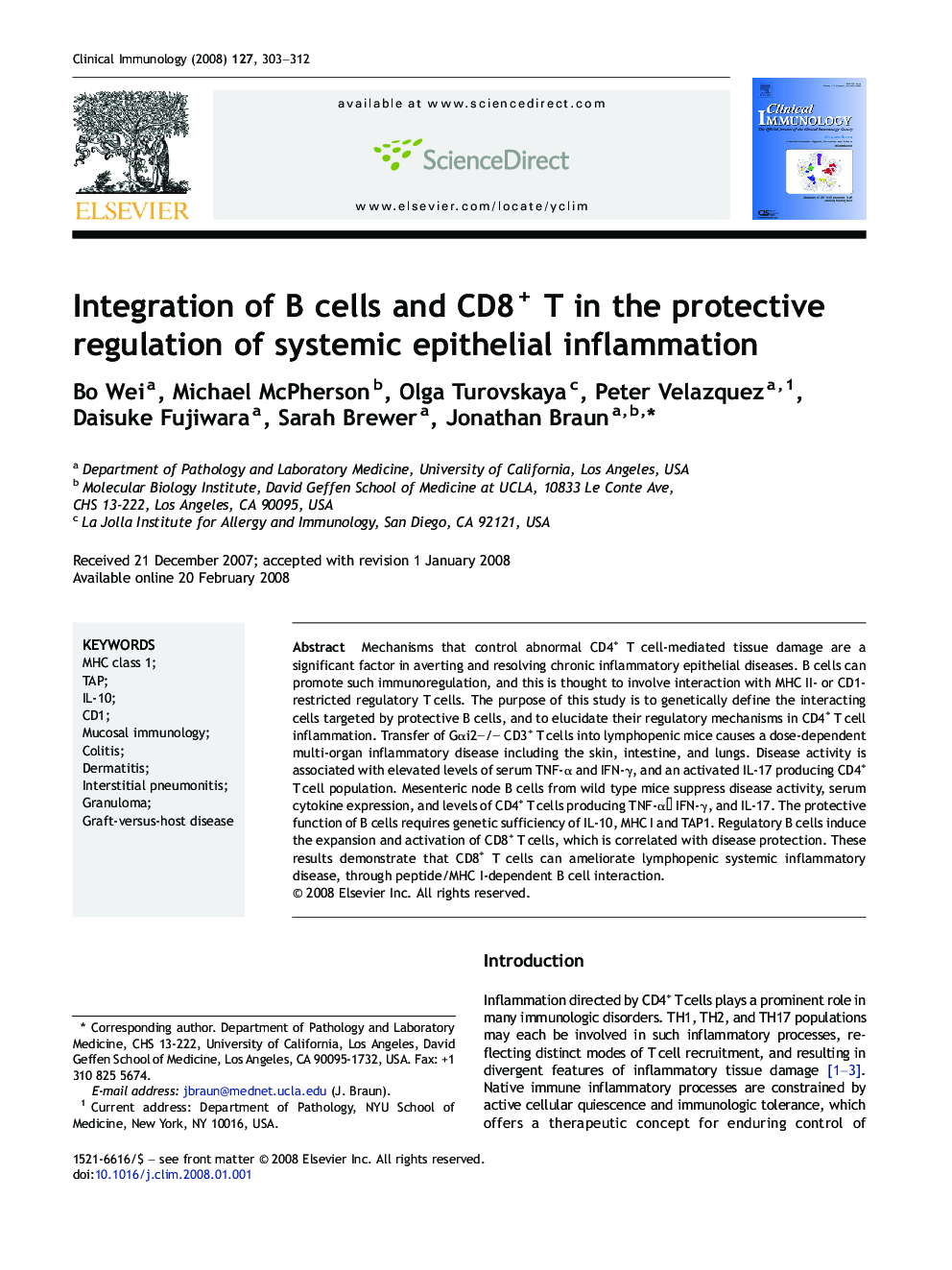 Integration of B cells and CD8+ T in the protective regulation of systemic epithelial inflammation