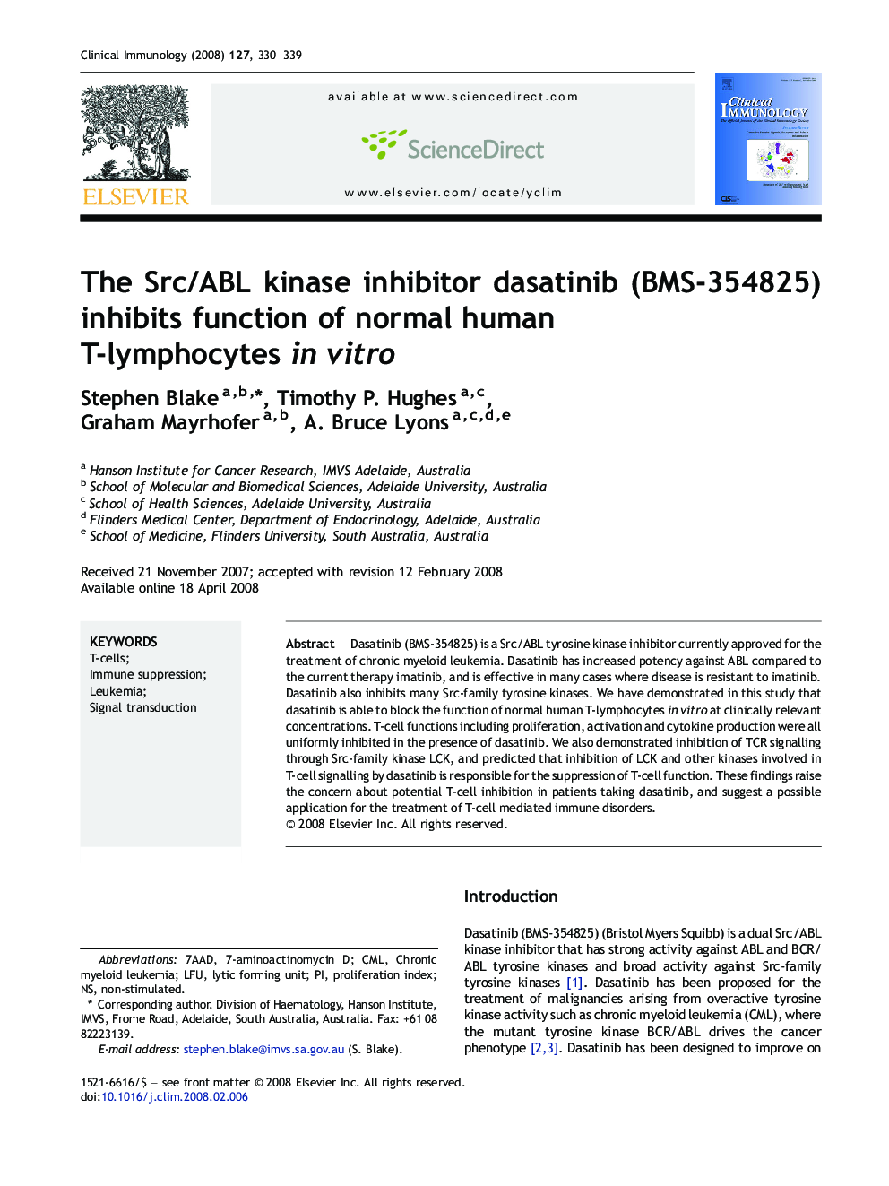 The Src/ABL kinase inhibitor dasatinib (BMS-354825) inhibits function of normal human T-lymphocytes in vitro