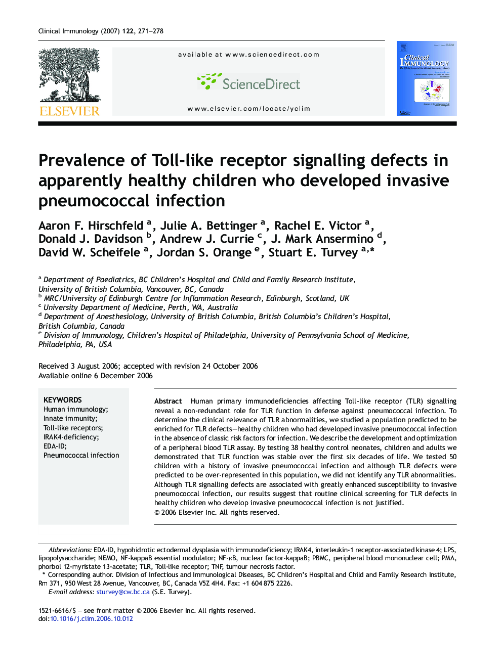 Prevalence of Toll-like receptor signalling defects in apparently healthy children who developed invasive pneumococcal infection