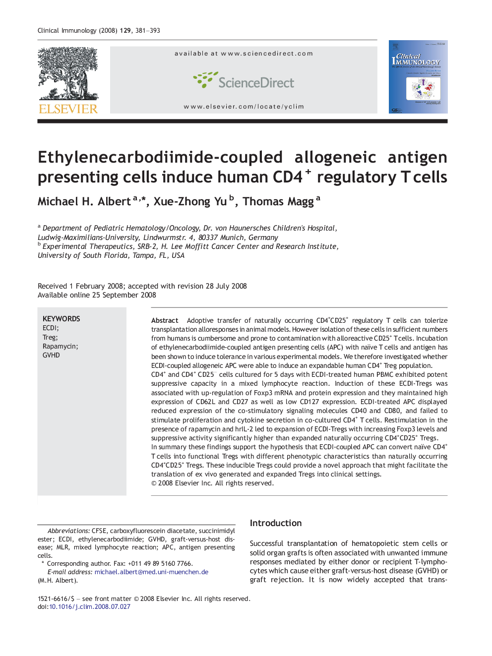 Ethylenecarbodiimide-coupled allogeneic antigen presenting cells induce human CD4+ regulatory T cells