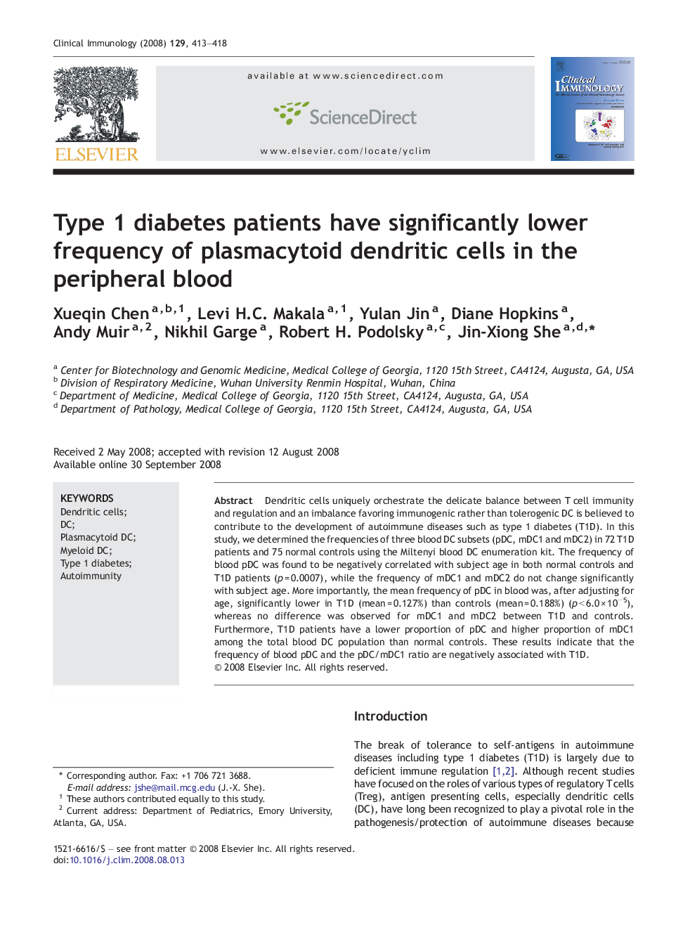 Type 1 diabetes patients have significantly lower frequency of plasmacytoid dendritic cells in the peripheral blood