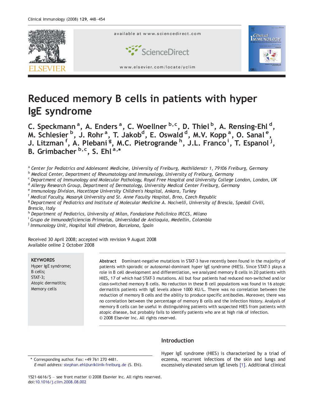 Reduced memory B cells in patients with hyper IgE syndrome