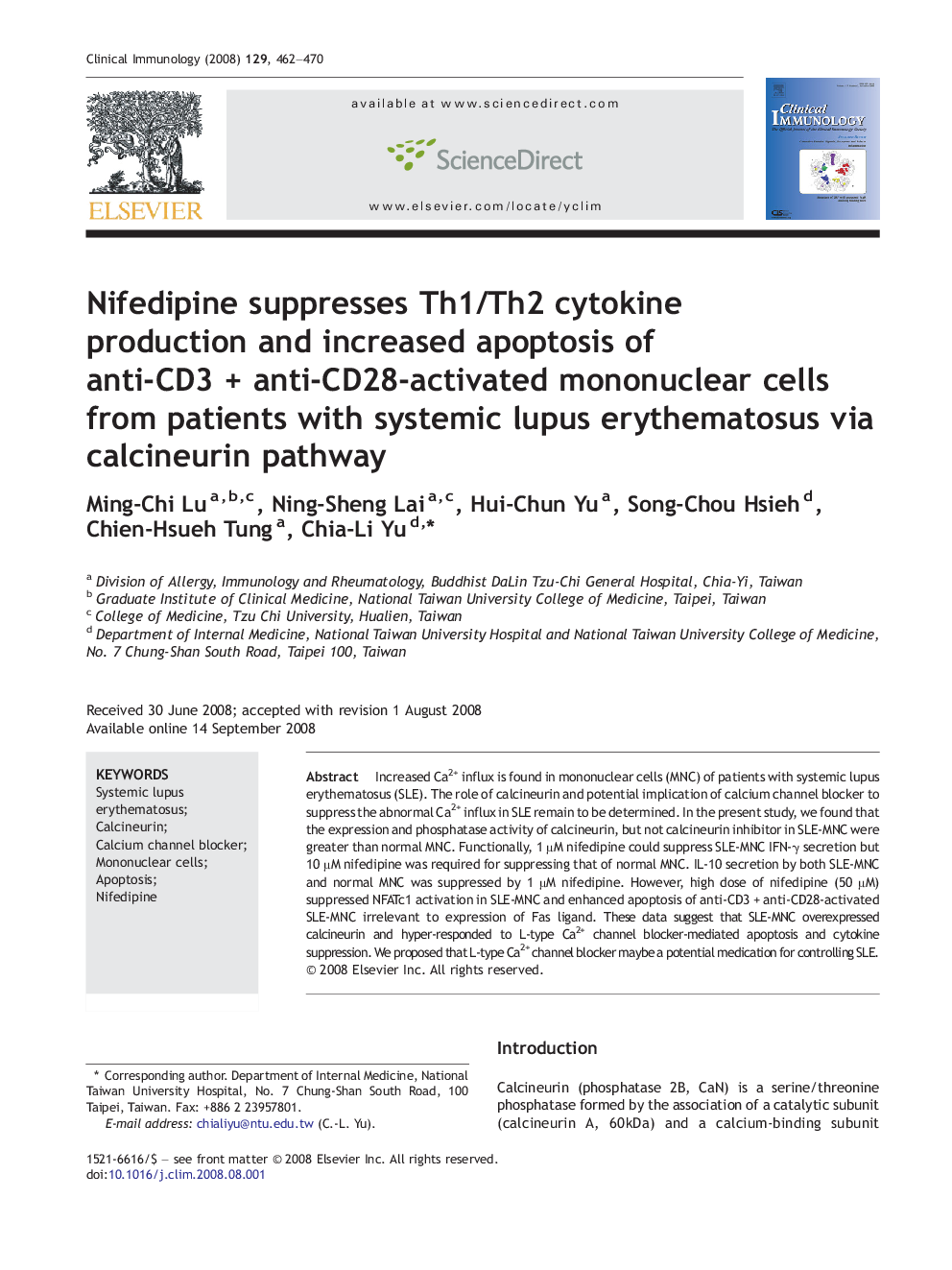 Nifedipine suppresses Th1/Th2 cytokine production and increased apoptosis of anti-CD3 + anti-CD28-activated mononuclear cells from patients with systemic lupus erythematosus via calcineurin pathway