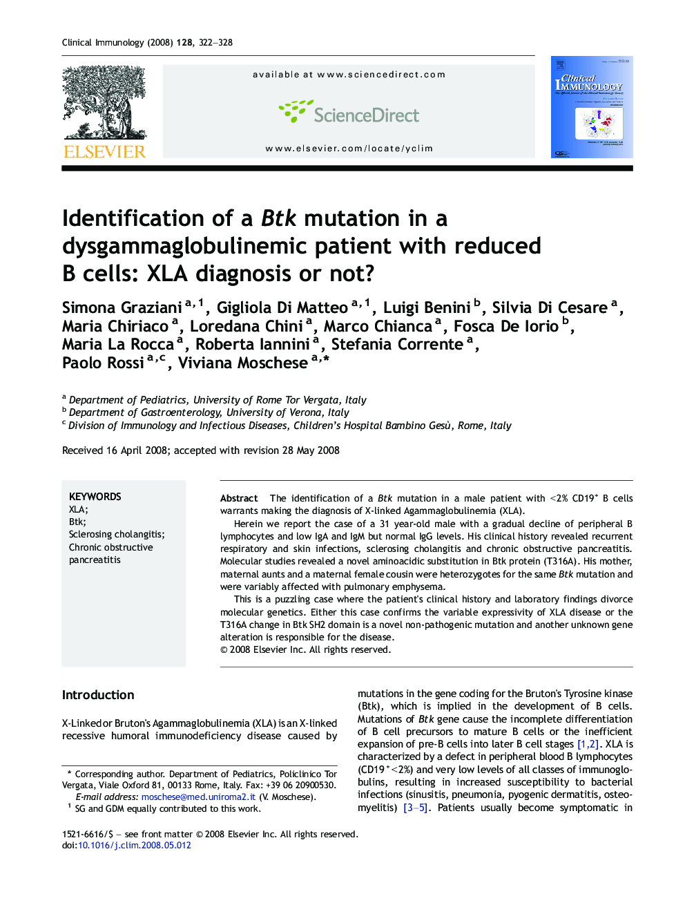 Identification of a Btk mutation in a dysgammaglobulinemic patient with reduced B cells: XLA diagnosis or not?