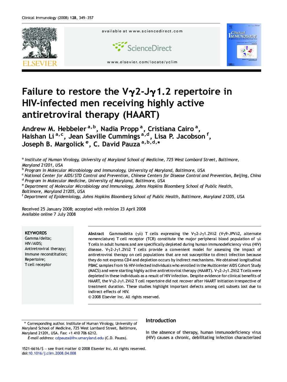 Failure to restore the VÎ³2-JÎ³1.2 repertoire in HIV-infected men receiving highly active antiretroviral therapy (HAART)