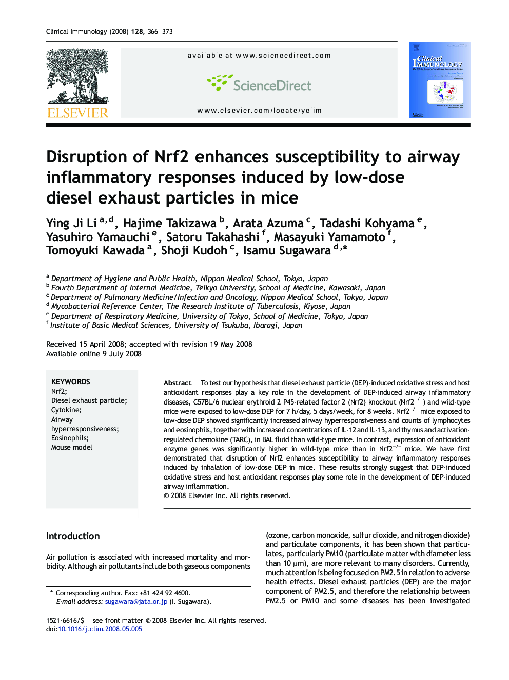 Disruption of Nrf2 enhances susceptibility to airway inflammatory responses induced by low-dose diesel exhaust particles in mice