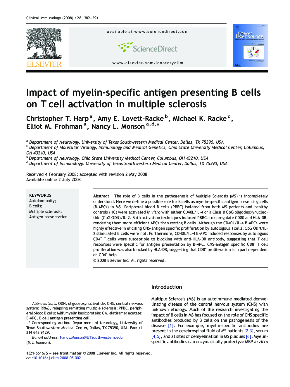 Impact of myelin-specific antigen presenting B cells on T cell activation in multiple sclerosis