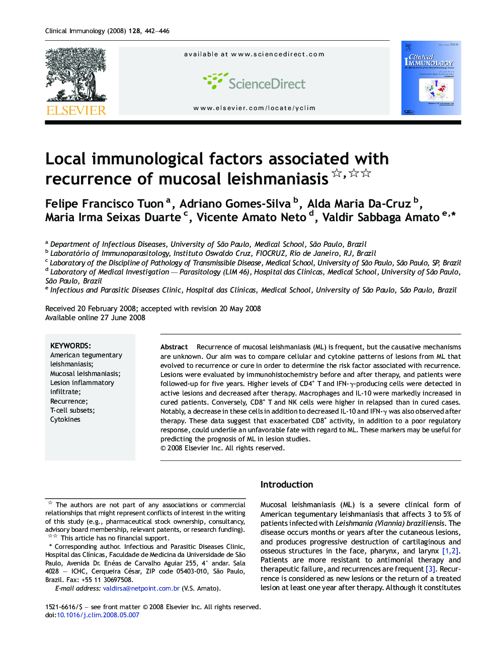 Local immunological factors associated with recurrence of mucosal leishmaniasis 