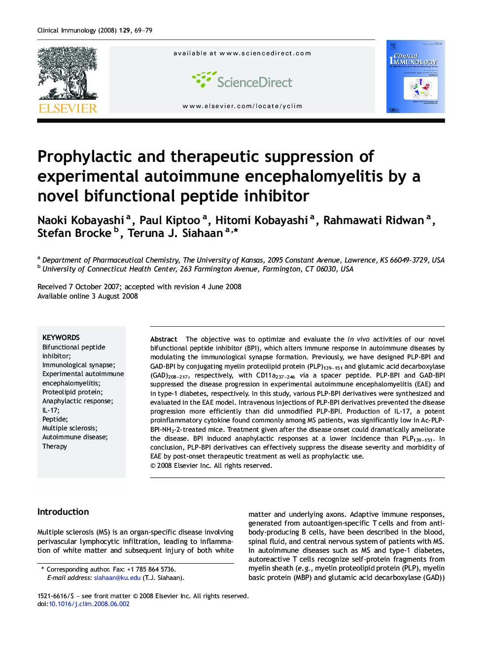 Prophylactic and therapeutic suppression of experimental autoimmune encephalomyelitis by a novel bifunctional peptide inhibitor