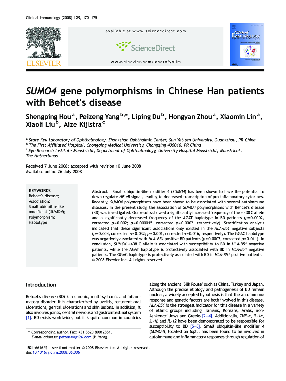 SUMO4 gene polymorphisms in Chinese Han patients with Behcet's disease