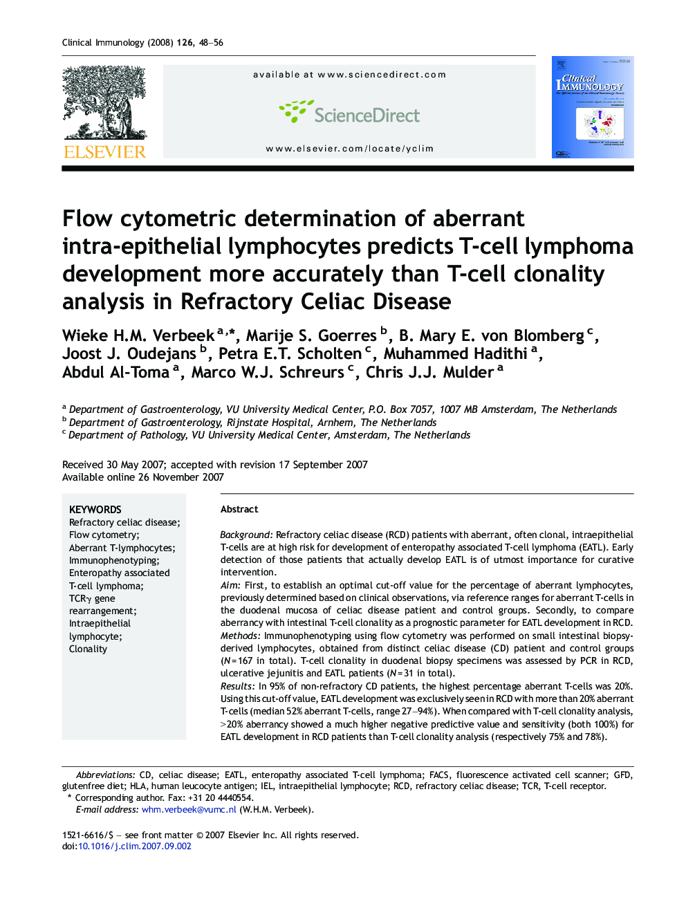 Flow cytometric determination of aberrant intra-epithelial lymphocytes predicts T-cell lymphoma development more accurately than T-cell clonality analysis in Refractory Celiac Disease