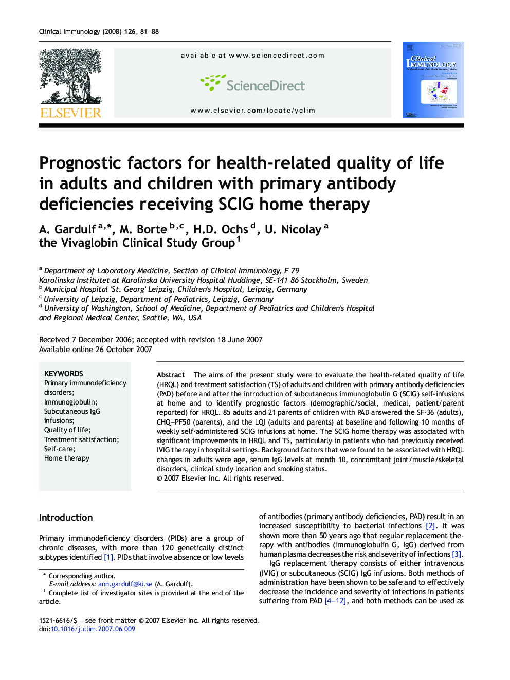 Prognostic factors for health-related quality of life in adults and children with primary antibody deficiencies receiving SCIG home therapy