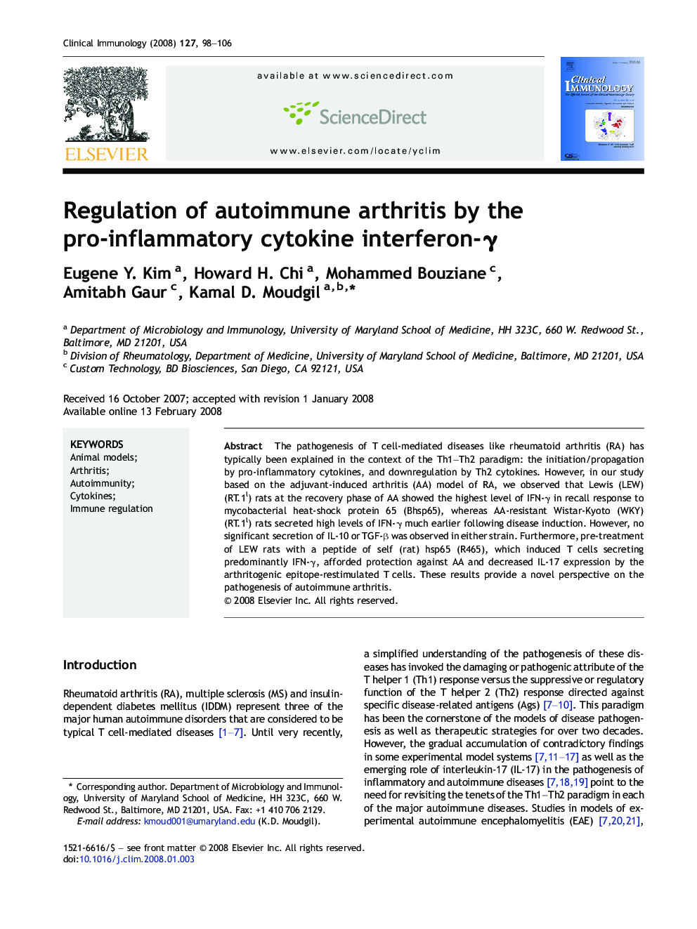 Regulation of autoimmune arthritis by the pro-inflammatory cytokine interferon-γ