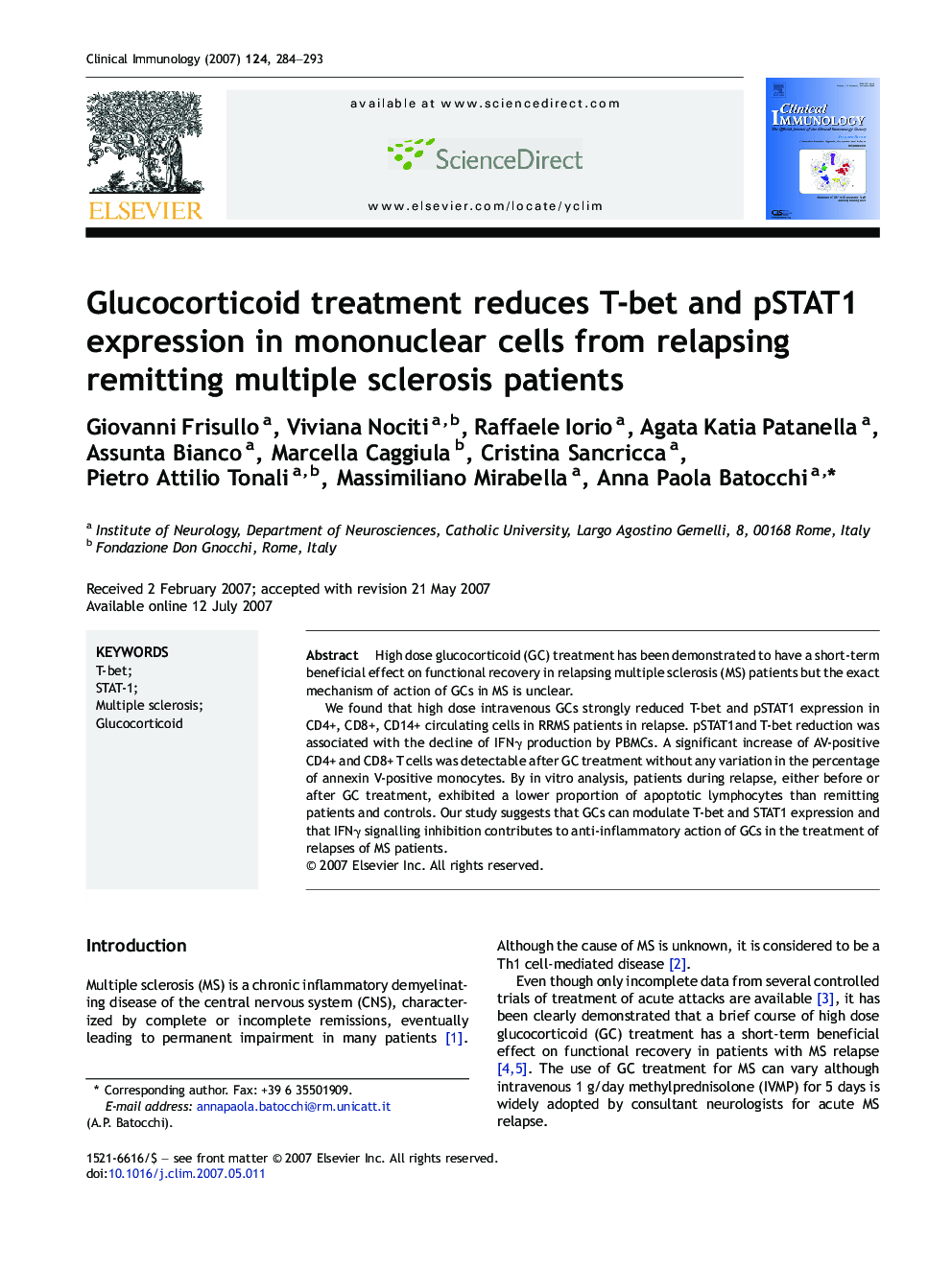 Glucocorticoid treatment reduces T-bet and pSTAT1 expression in mononuclear cells from relapsing remitting multiple sclerosis patients