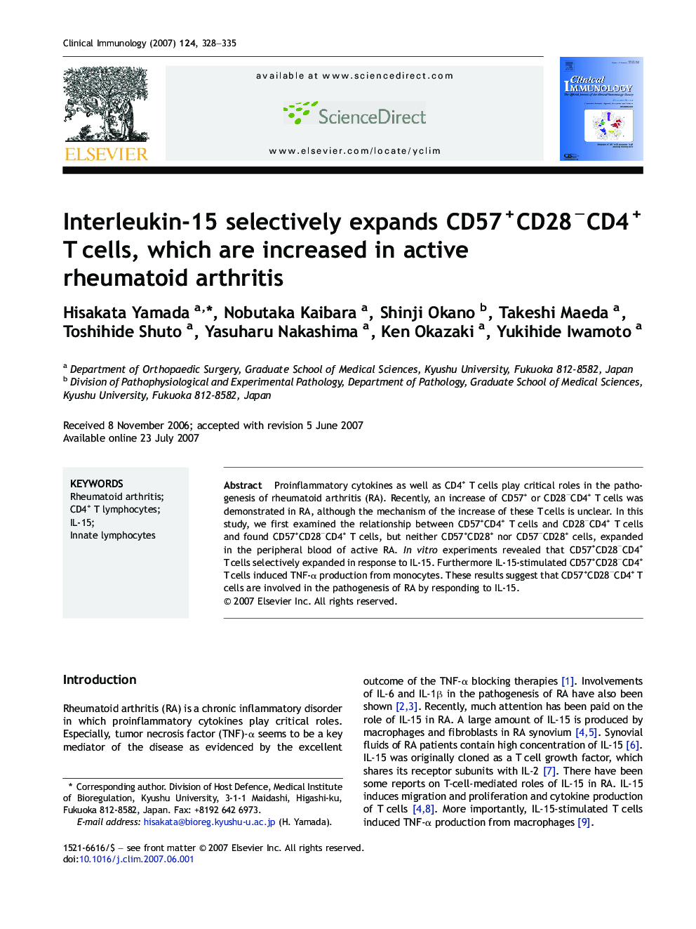 Interleukin-15 selectively expands CD57+CD28−CD4+ T cells, which are increased in active rheumatoid arthritis