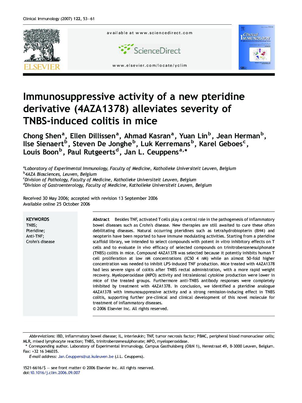 Immunosuppressive activity of a new pteridine derivative (4AZA1378) alleviates severity of TNBS-induced colitis in mice