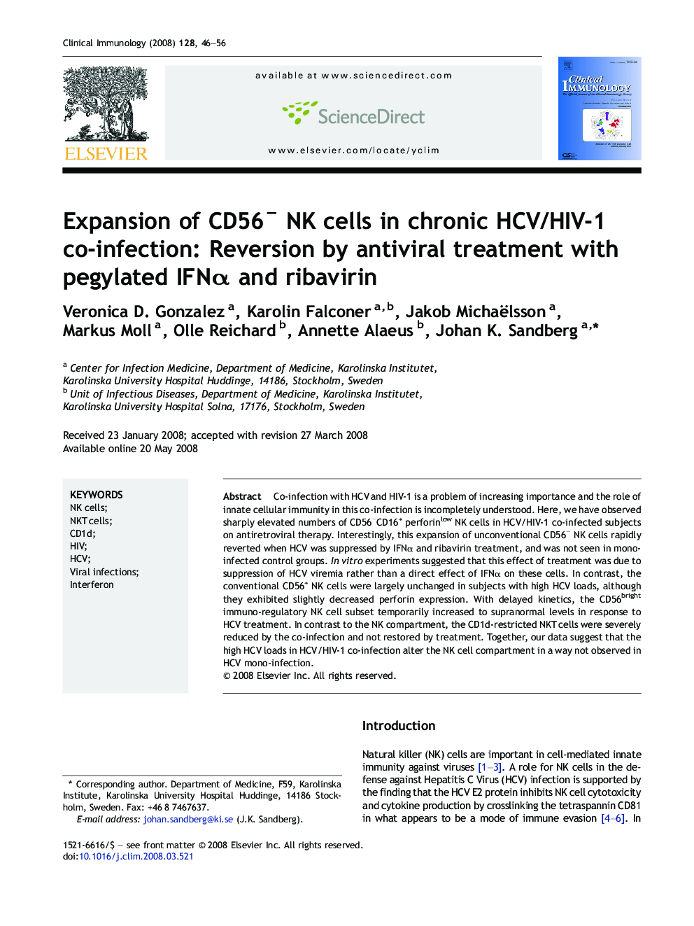 Expansion of CD56− NK cells in chronic HCV/HIV-1 co-infection: Reversion by antiviral treatment with pegylated IFNα and ribavirin