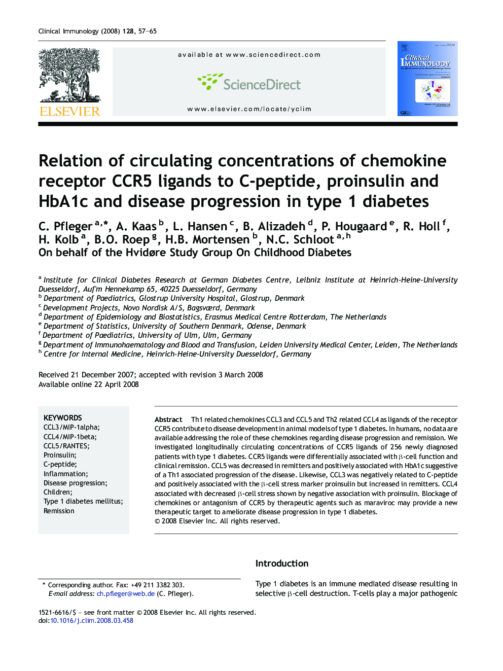 Relation of circulating concentrations of chemokine receptor CCR5 ligands to C-peptide, proinsulin and HbA1c and disease progression in type 1 diabetes