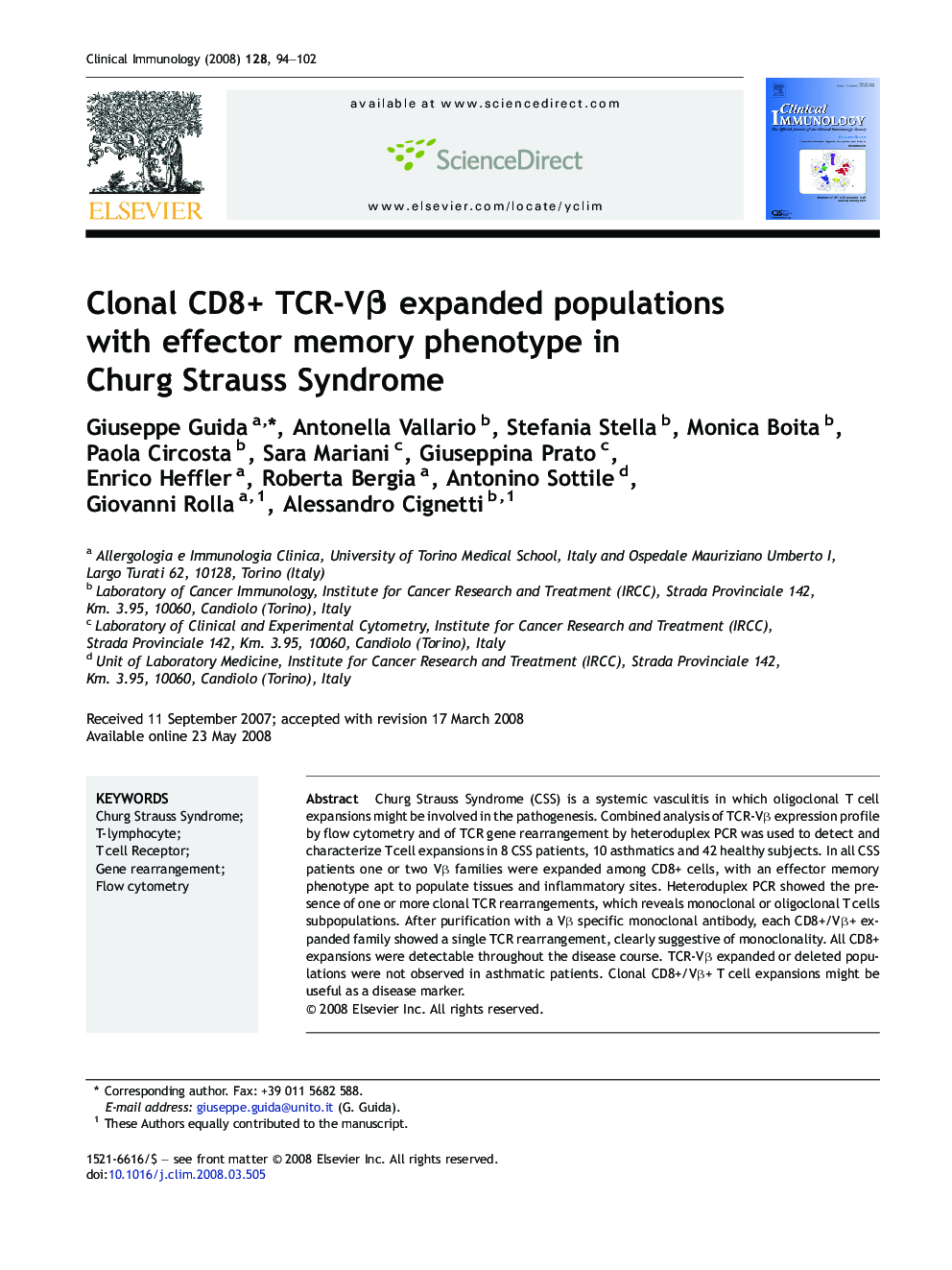 Clonal CD8+ TCR-VÎ² expanded populations with effector memory phenotype in Churg Strauss Syndrome