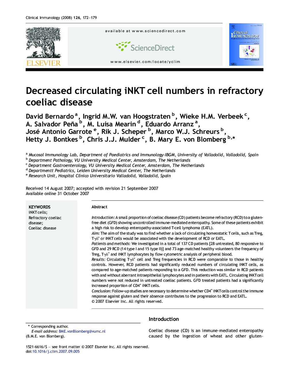 Decreased circulating iNKT cell numbers in refractory coeliac disease