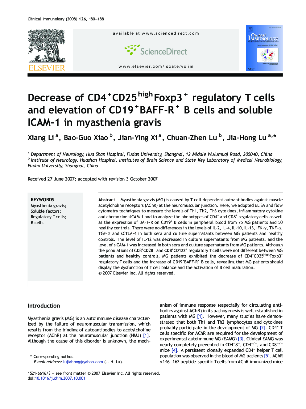 Decrease of CD4+CD25highFoxp3+ regulatory T cells and elevation of CD19+BAFF-R+ B cells and soluble ICAM-1 in myasthenia gravis