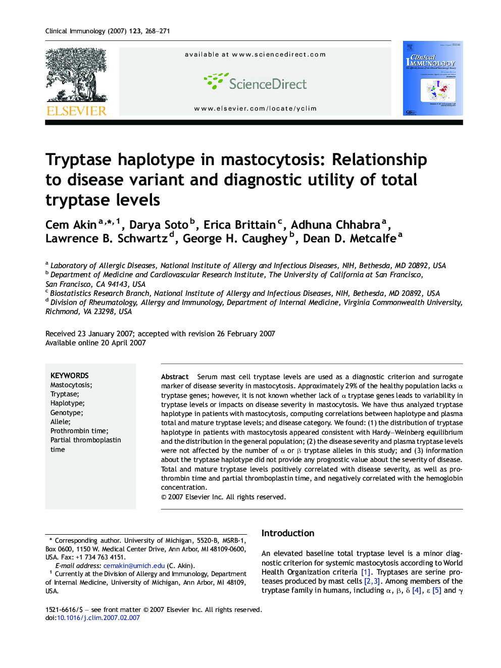 Tryptase haplotype in mastocytosis: Relationship to disease variant and diagnostic utility of total tryptase levels