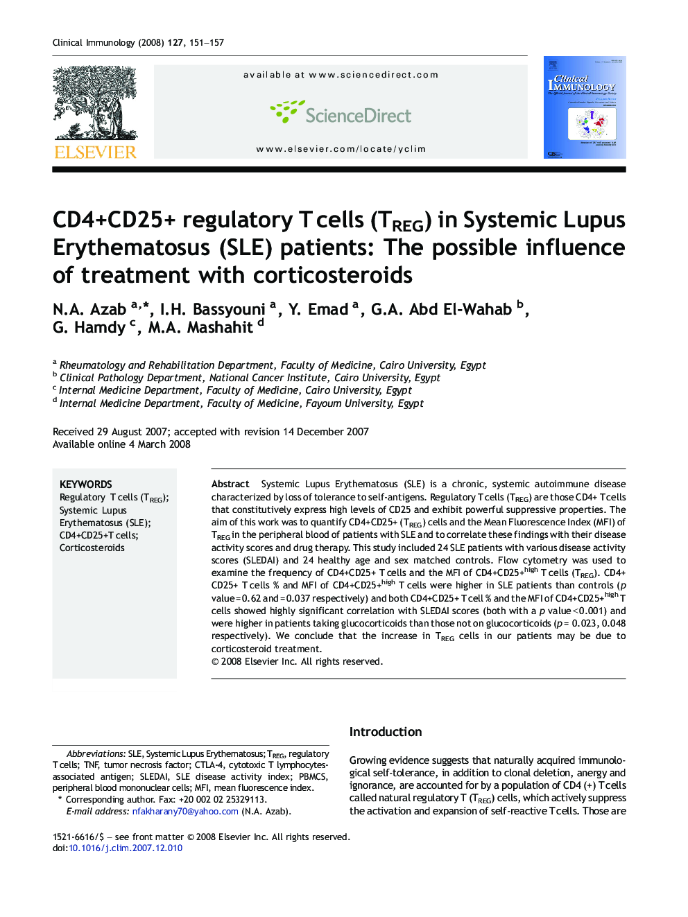 CD4+CD25+ regulatory T cells (TREG) in Systemic Lupus Erythematosus (SLE) patients: The possible influence of treatment with corticosteroids