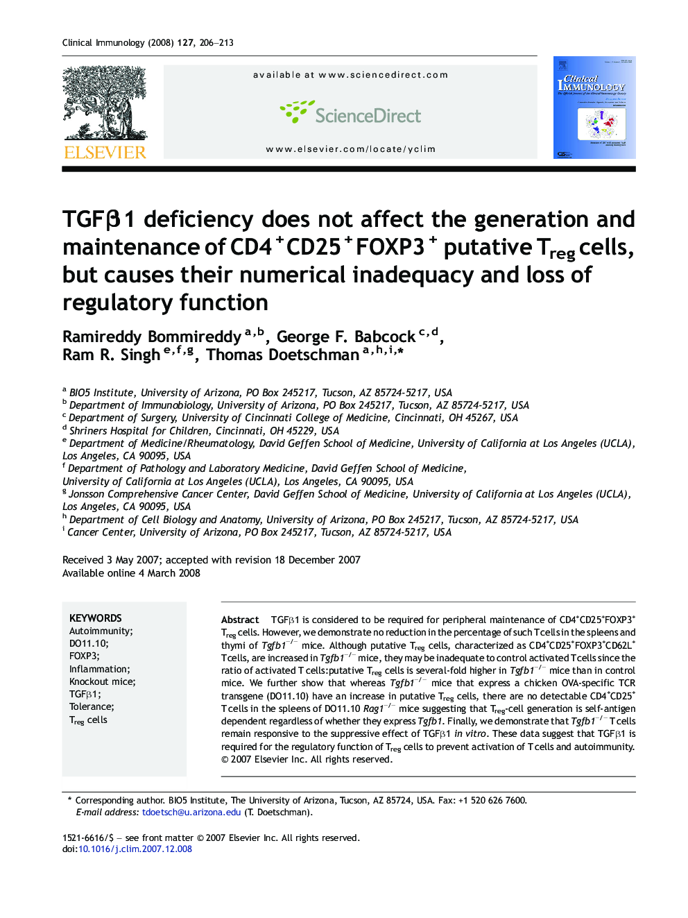 TGFβ1 deficiency does not affect the generation and maintenance of CD4+CD25+FOXP3+ putative Treg cells, but causes their numerical inadequacy and loss of regulatory function