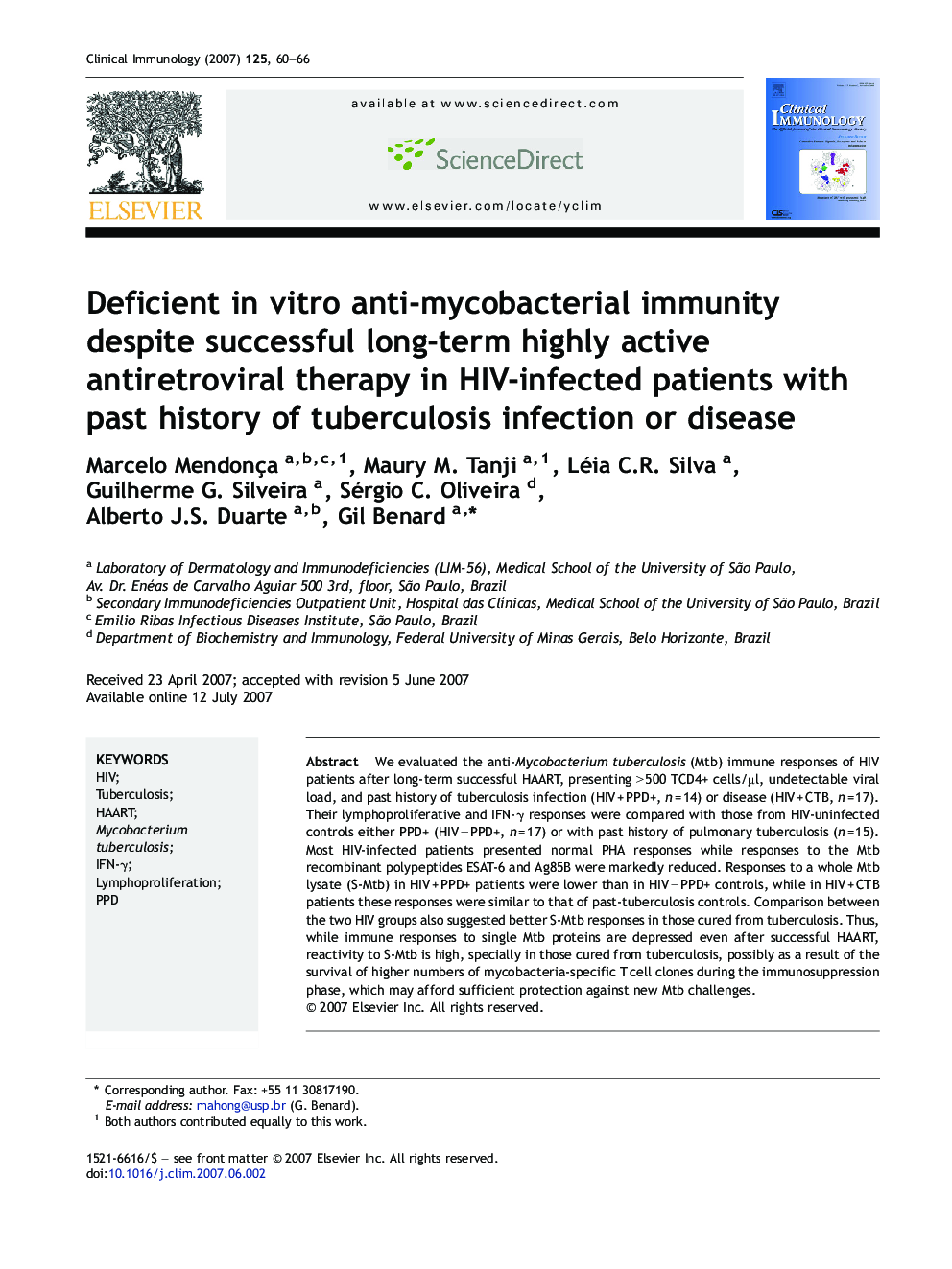 Deficient in vitro anti-mycobacterial immunity despite successful long-term highly active antiretroviral therapy in HIV-infected patients with past history of tuberculosis infection or disease