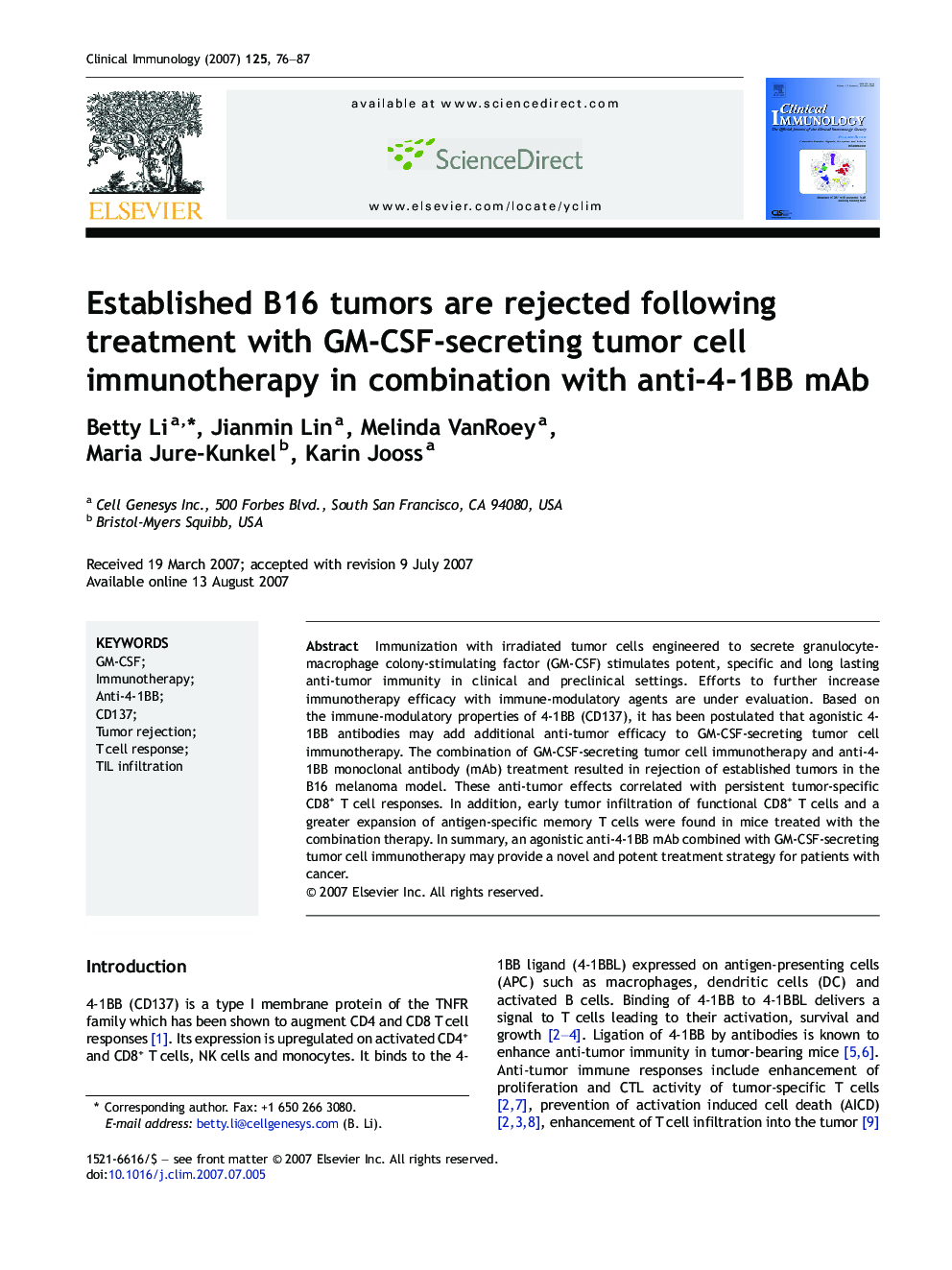 Established B16 tumors are rejected following treatment with GM-CSF-secreting tumor cell immunotherapy in combination with anti-4-1BB mAb