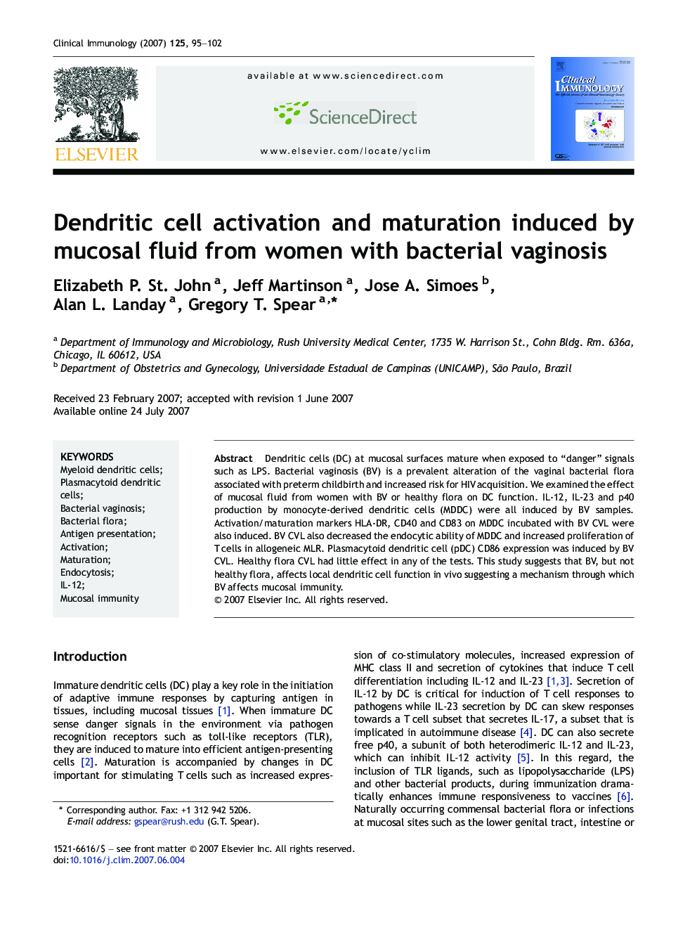 Dendritic cell activation and maturation induced by mucosal fluid from women with bacterial vaginosis